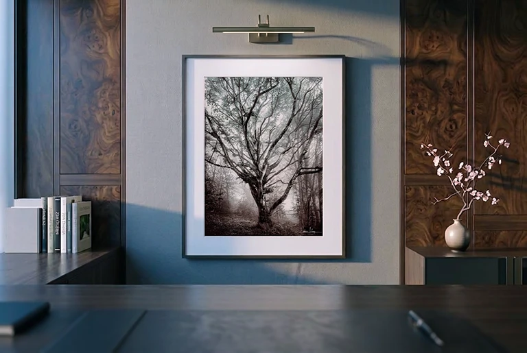Cadre grand format avec passe-partout, accroché au mur d'un bureau, en lumière naturelle et sous une applique.