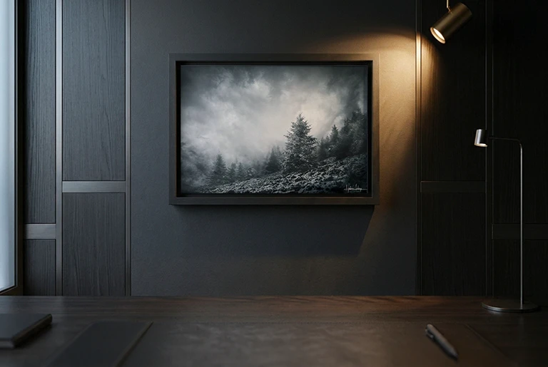 Caisse américaine accrochée au mur d'un bureau sombre, éclairée par un spot latéral.
