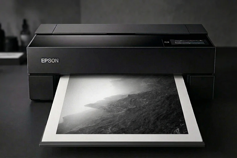 Tirage fine art en cours de sortie sur le traceur Epson SureColor P900.